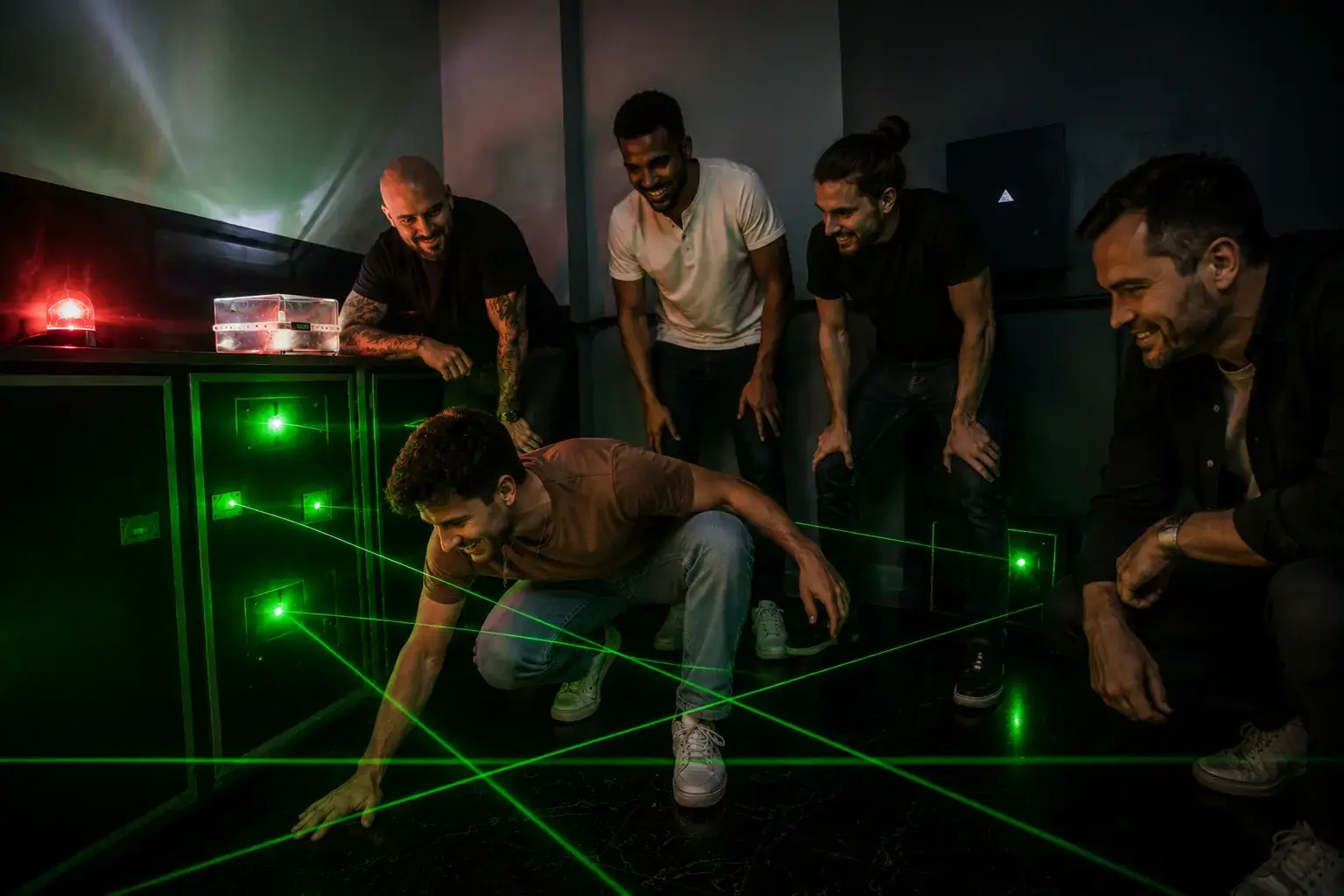 Groupe d'amis en EVG à Deauville dans un escape game du Hangar à Énigmes