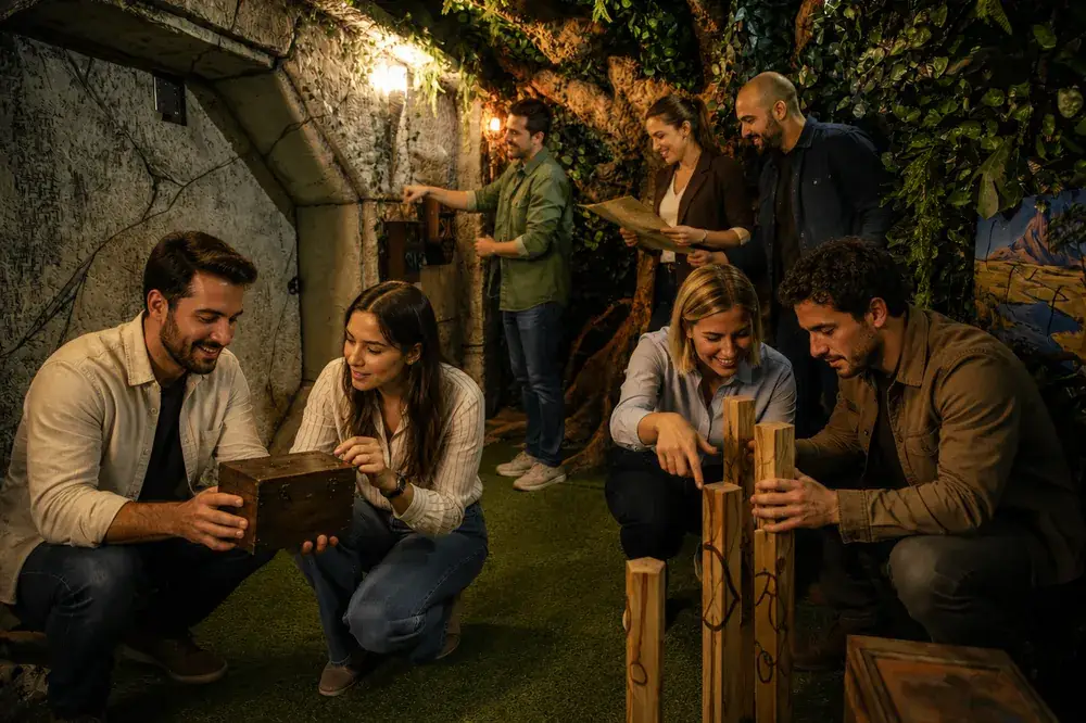 Équipe explorant le décor immersif de la salle La Jungle